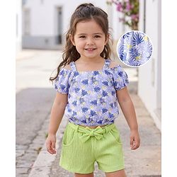 Babyhug Single Jersey Knit Half Cold Shoulder Sleeves Top & Shorts Set With Leaf Print - White & Green