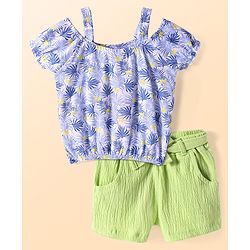 Babyhug Single Jersey Knit Half Cold Shoulder Sleeves Top & Shorts Set With Leaf Print - White & Green