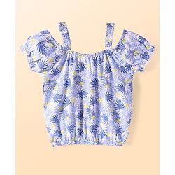 Babyhug Single Jersey Knit Half Cold Shoulder Sleeves Top & Shorts Set With Leaf Print - White & Green