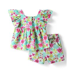 Babyhug Single Jersey Knit Frill Sleeves Top & Shorts Co-Ord Set With Floral & Leaf Print - Sea Green