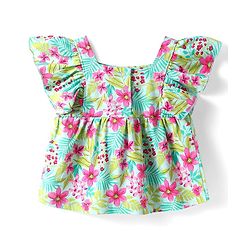 Babyhug Single Jersey Knit Frill Sleeves Top & Shorts Co-Ord Set With Floral & Leaf Print - Sea Green