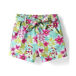 Babyhug Single Jersey Knit Frill Sleeves Top & Shorts Co-Ord Set With Floral & Leaf Print - Sea Green