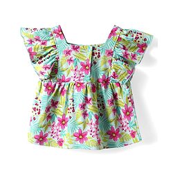 Babyhug Single Jersey Knit Frill Sleeves Top & Shorts Co-Ord Set With Floral & Leaf Print - Sea Green
