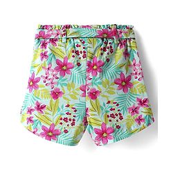Babyhug Single Jersey Knit Frill Sleeves Top & Shorts Co-Ord Set With Floral & Leaf Print - Sea Green