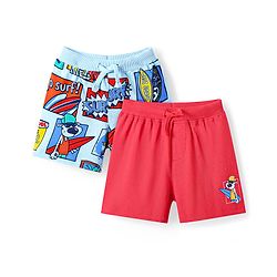 Babyhug Cotton Knit Mid Thigh Length Shorts with Beach Theme Print Pack of 2 - Red & Light Blue
