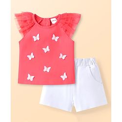 Babyhug Single Jersey Knit Sleeveless Top & Shorts Set With Butterfly Applique - Dark Pink