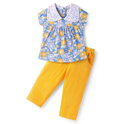 Babyhug Single Jersey Knit Half Sleeves Peter Pan Collared Top & Trouser Set with Floral Print - Yellow