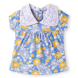 Babyhug Single Jersey Knit Half Sleeves Peter Pan Collared Top & Trouser Set with Floral Print - Yellow