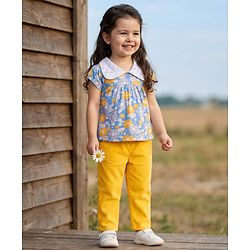 Babyhug Single Jersey Knit Half Sleeves Peter Pan Collared Top & Trouser Set with Floral Print - Yellow