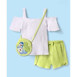 Babyhug Single Jersey Knit Half Cold Shoulder Sleeves Solid Color Textured Top & Shorts Set with Sling Bag & Bow Applique - White & Neon Green