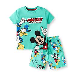 Babyhug Disney Single Jersey Knit Half Sleeves Shorts Night Suit With Mickey Mouse Graphics - Turquoise Green