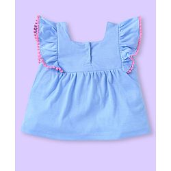 Babyhug Single Jersey Knit Frill Sleeves Top & Shorts Set with Floral Embroidery -  White & Light Blue