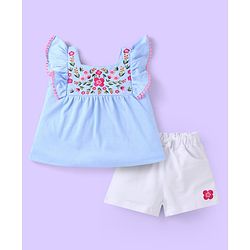 Babyhug Single Jersey Knit Frill Sleeves Top & Shorts Set with Floral Embroidery -  White & Light Blue