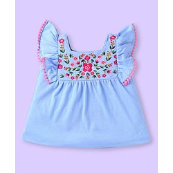 Babyhug Single Jersey Knit Frill Sleeves Top & Shorts Set with Floral Embroidery -  White & Light Blue