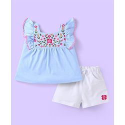 Babyhug 100% Cotton Single Jersey Knit Frill Sleeves Top & Shorts Set with Floral Embroidery - White & Light Blue