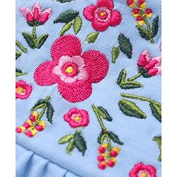 Babyhug 100% Cotton Single Jersey Knit Frill Sleeves Top & Shorts Set with Floral Embroidery - White & Light Blue