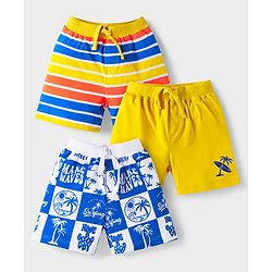 Babyhug Cotton Knit Mid Thigh Length Shorts with Beach Theme Print & Stripes Pack of 3 - Yellow & Blue