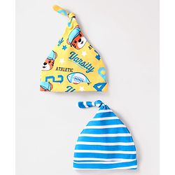Babyhug Interlock Knit Striped & Tiger Print Caps Pack Of 2 Blue & Yellow - Diameter 14