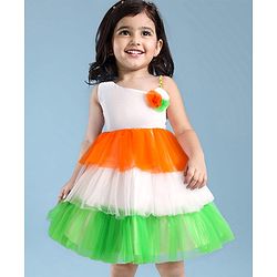 Babyhug Woven Sleeveless Tricolour Party Frock With Floral Applique - White Orange & Green