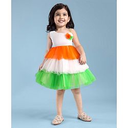 Babyhug Woven Sleeveless Tricolour Party Frock With Floral Applique - White Orange & Green