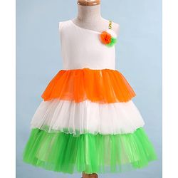 Babyhug Woven Sleeveless Tricolour Party Frock With Floral Applique - White Orange & Green