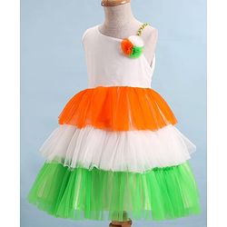 Babyhug Woven Sleeveless Tricolour Party Frock With Floral Applique - White Orange & Green