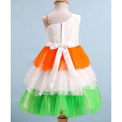 Babyhug Woven Sleeveless Tricolour Party Frock With Floral Applique - White Orange & Green