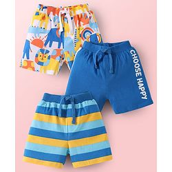 Babyhug Cotton Single Jersey Knit Mid Thigh Length Shorts with Animal Print & Stripes Pack of 3 - Blue & White