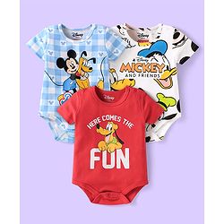 Babyhug Disney Interlock Knit Half Sleeves Onesies with Mickey & Friends Graphics Pack of 3 - White Light Blue & Red