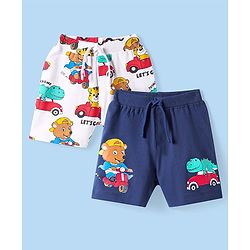 Babyhug Cotton Knit Mid Thigh Length Shorts with Animal & Vehicle Print Pack of 2 - Navy Blue & White