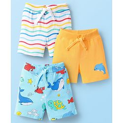 Babyhug Cotton Knit Mid Thigh Shorts with Sea Life Print & Stripes Pack of 3 - Yellow White & Light Blue