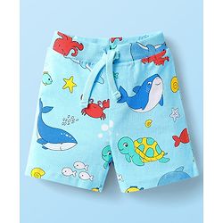 Babyhug Cotton Knit Mid Thigh Shorts with Sea Life Print & Stripes Pack of 3 - Yellow White & Light Blue
