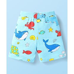 Babyhug Cotton Knit Mid Thigh Shorts with Sea Life Print & Stripes Pack of 3 - Yellow White & Light Blue