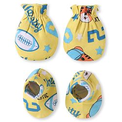 Babyhug 100% Cotton Knit Mittens & Booties Set with Sports Theme Print - Yellow