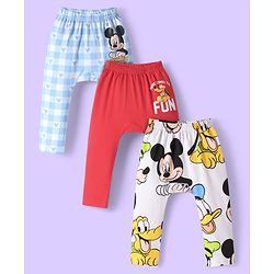 Babyhug Disney Interlock Knit Ankle Length Diaper Leggings with Mickey & Friends Graphics Pack of 3 - Red White & Light Blue