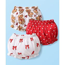 Babyhug 100% Cotton Knit Teddy Bear Polka Dot & Bow Printed Bloomers Pack of 3 - White & Red