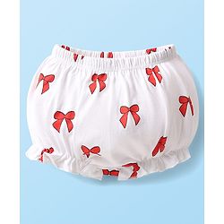 Babyhug 100% Cotton Knit Teddy Bear Polka Dot & Bow Printed Bloomers Pack of 3 - White & Red