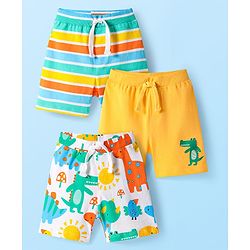 Babyhug Cotton Knit Mid Thigh Lenght Shorts with Dino Print & Stripes Pack of 3 - Yellow & White
