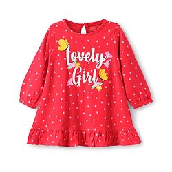 Babyhug Cotton Knit Full Sleeves Nighty with Frill Polka Dot & Lovely Girl Text Print - Red