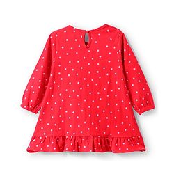 Babyhug Cotton Knit Full Sleeves Nighty with Frill Polka Dot & Lovely Girl Text Print - Red