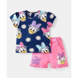 Babyhug Disney Single Jersey Knit Half Sleeves T-Shirt & Shorts Set With Daisy Duck Graphics & Frill Detailing - Navy Blue & Pink
