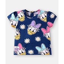 Babyhug Disney Single Jersey Knit Half Sleeves T-Shirt & Shorts Set With Daisy Duck Graphics & Frill Detailing - Navy Blue & Pink