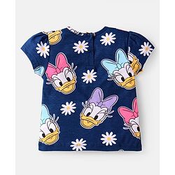 Babyhug Disney Single Jersey Knit Half Sleeves T-Shirt & Shorts Set With Daisy Duck Graphics & Frill Detailing - Navy Blue & Pink