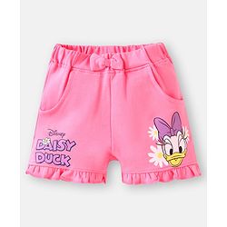 Babyhug Disney Single Jersey Knit Half Sleeves T-Shirt & Shorts Set With Daisy Duck Graphics & Frill Detailing - Navy Blue & Pink