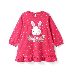 Babyhug Cotton Knit Full Sleeves Nighty with Frill Polka Dot & Bunny Print - Red