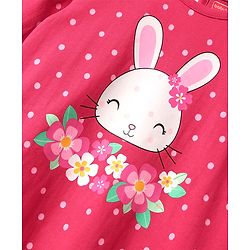 Babyhug Cotton Knit Full Sleeves Nighty with Frill Polka Dot & Bunny Print - Red