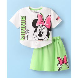 Babyhug Disney Single Jersey Knit Half Sleeves T-Shirt And Skirt Set  With Minnie Mouse Graphics - Light Green & White