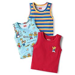 Babyhug 100% Cotton single Jersey Knit Sleeveless Sandos With Striped & Animal Print Pack Of 3 - Red Blue & Light Blue