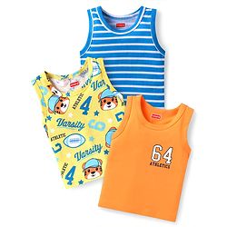 Babyhug 100% Cotton Knit Sleeveless Sandos With Stripes & Cub Print Pack of 3 - Blue Yellow & Orange