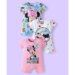 Babyhug Disney Interlock Knit Half Sleeves Rompers with Minnie Mouse Graphics Pack of 3 - Pink Light Blue & White